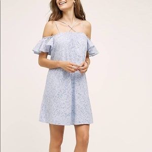 Anthropologie Dress: Blue Dayflower Off Shoulder Dress, Size XS